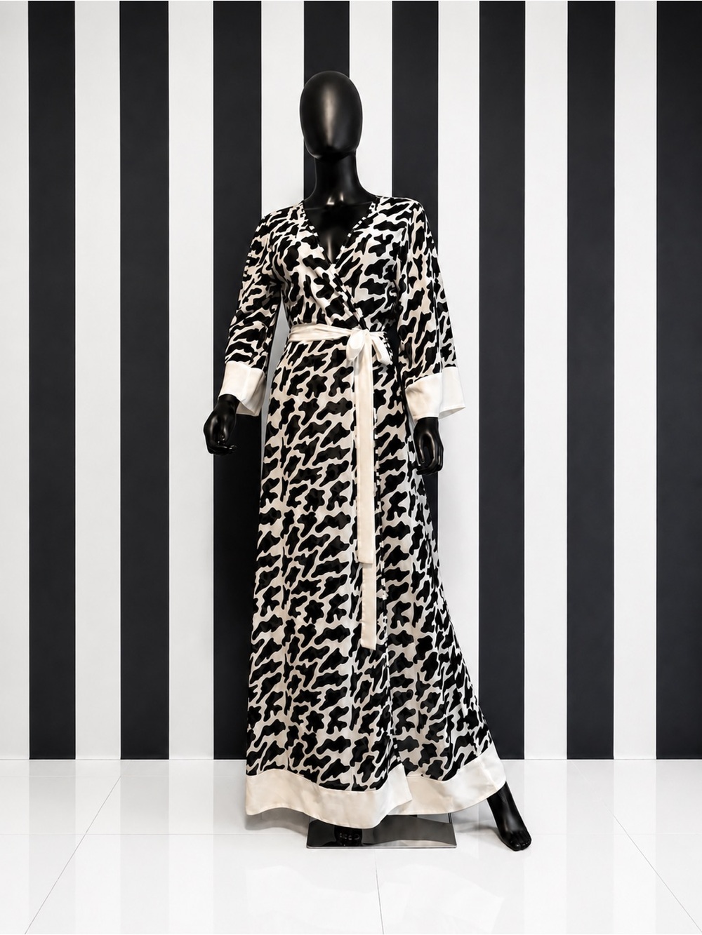 Black and White Animal-Print Wrap Maxi Dress with Contrast Trim